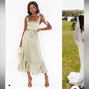 Show me your mumu Claire Midi Dress in Moss Green Luxe Satin